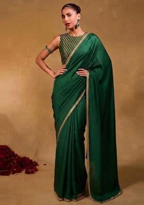 Dark Green Embroidered Handwork Pre Draped Saree Set