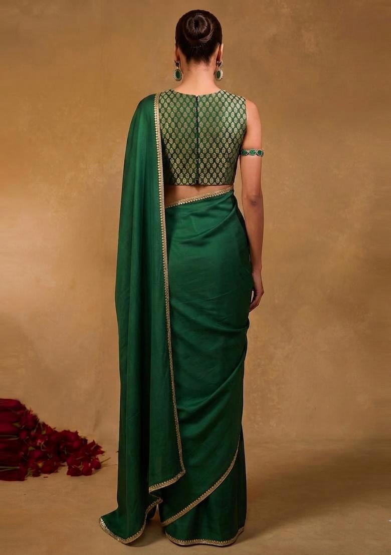 Dark Green Embroidered Handwork Pre Draped Saree Set - Indya