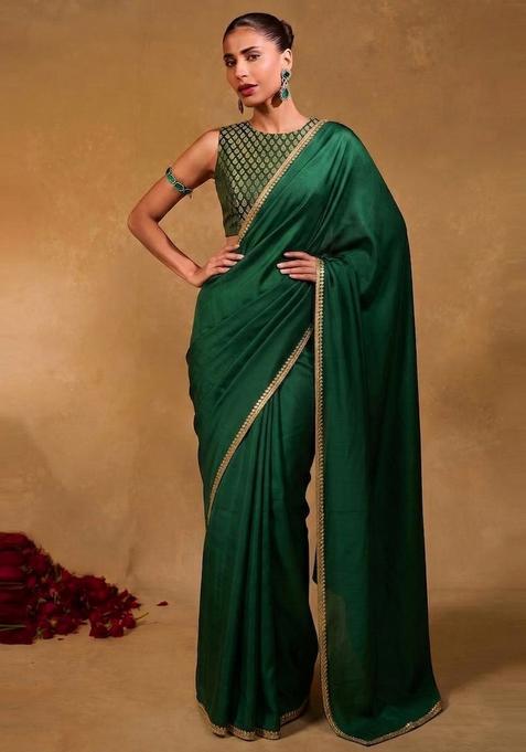 Green Jacquard Handwork Pre Draped Saree Set
