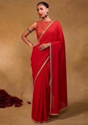 Red Embroidered Handwork Pre Draped Saree Set