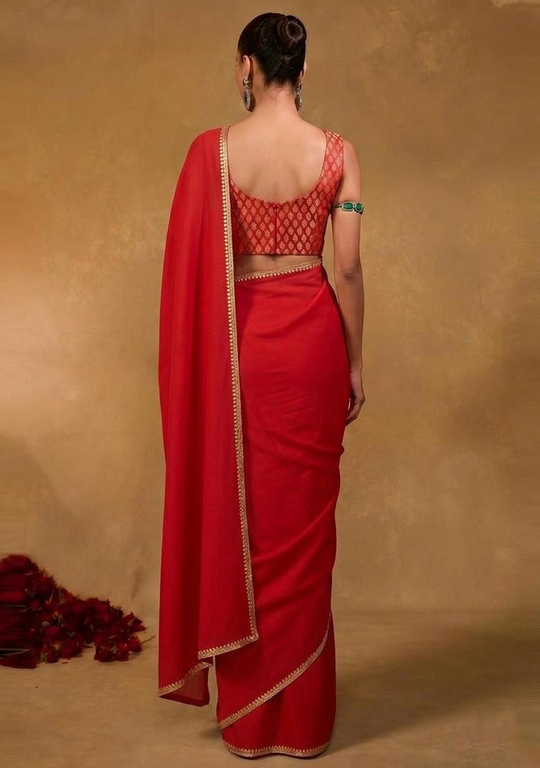 Red Embroidered Handwork Pre Draped Saree Set - Indya