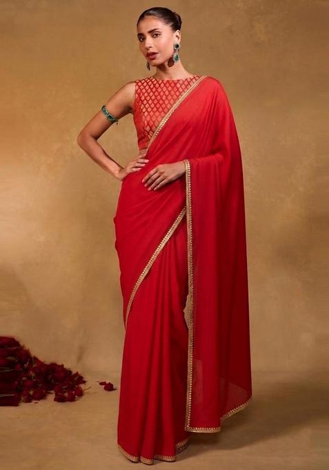 Red Jacquard Handwork Pre Draped Saree Set