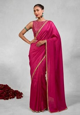 Rani Pink Embroidered Handwork Pre Draped Saree Set