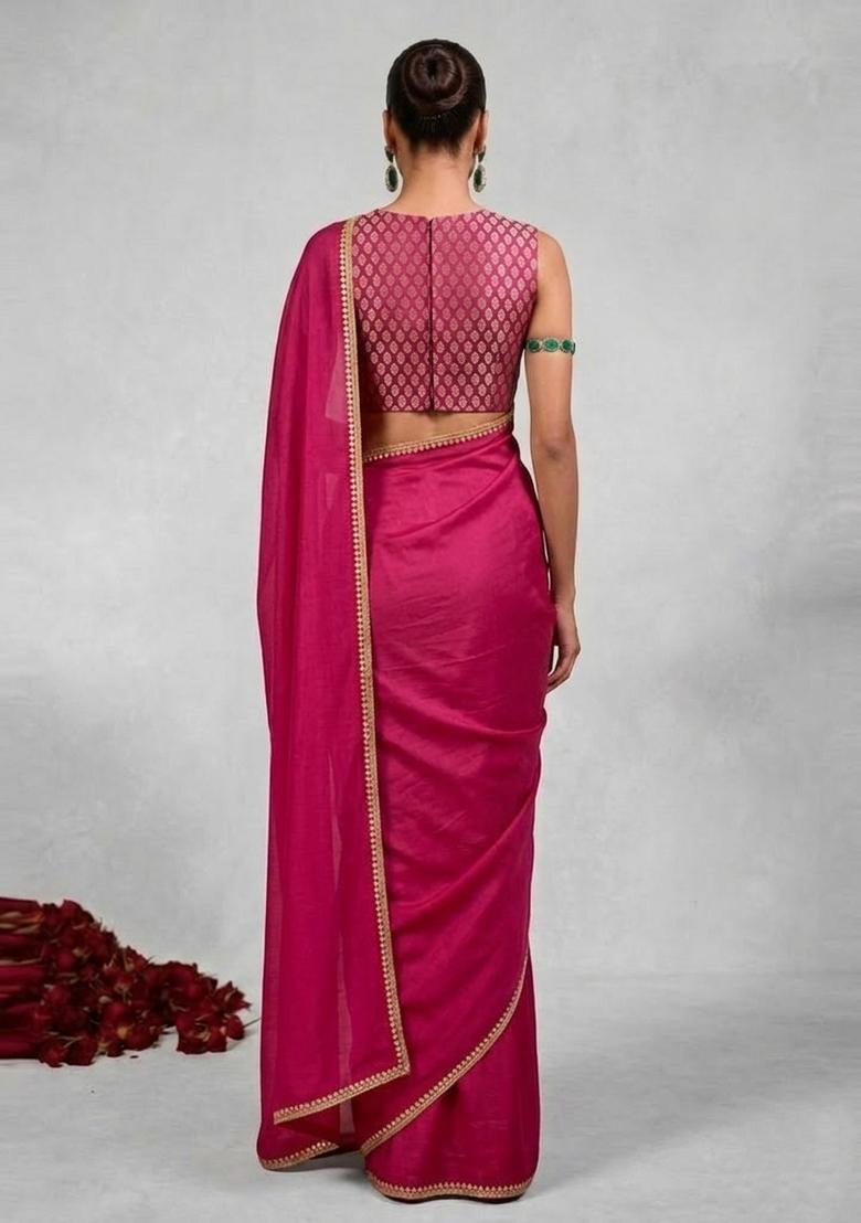 Rani Pink Embroidered Handwork Pre Draped Saree Set - Indya