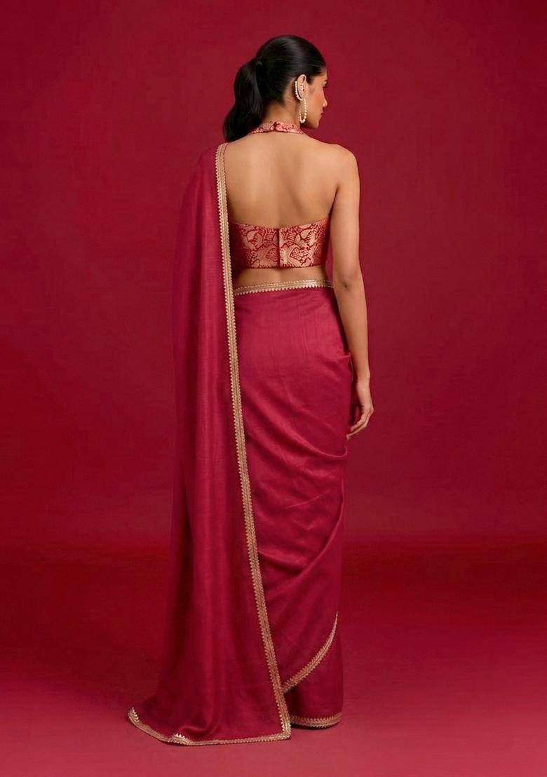 Deep Maroon Embroidered Handwork Pre Draped Saree Set - Indya