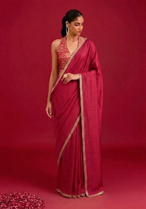 Red Jacquard Handwork Pre Draped Saree Set
