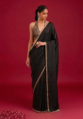 Black Embroidered Handwork Pre Draped Saree Set