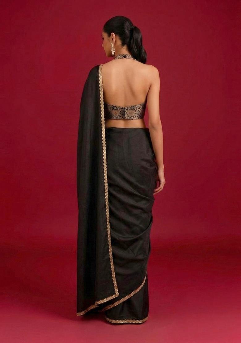 Black Embroidered Handwork Pre Draped Saree Set - Indya