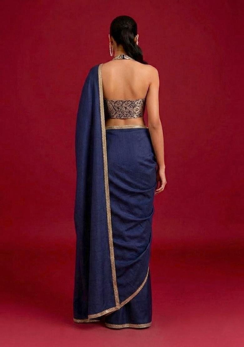 Navy Blue Embroidered Handwork Pre Draped Saree Set - Indya