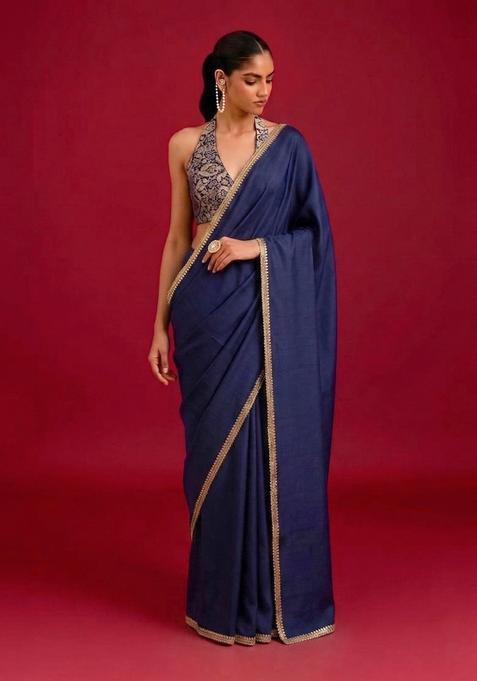 Blue Jacquard Handwork Pre Draped Saree Set