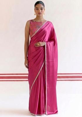 Pink Embroidered Handwork Pre Draped Saree Set