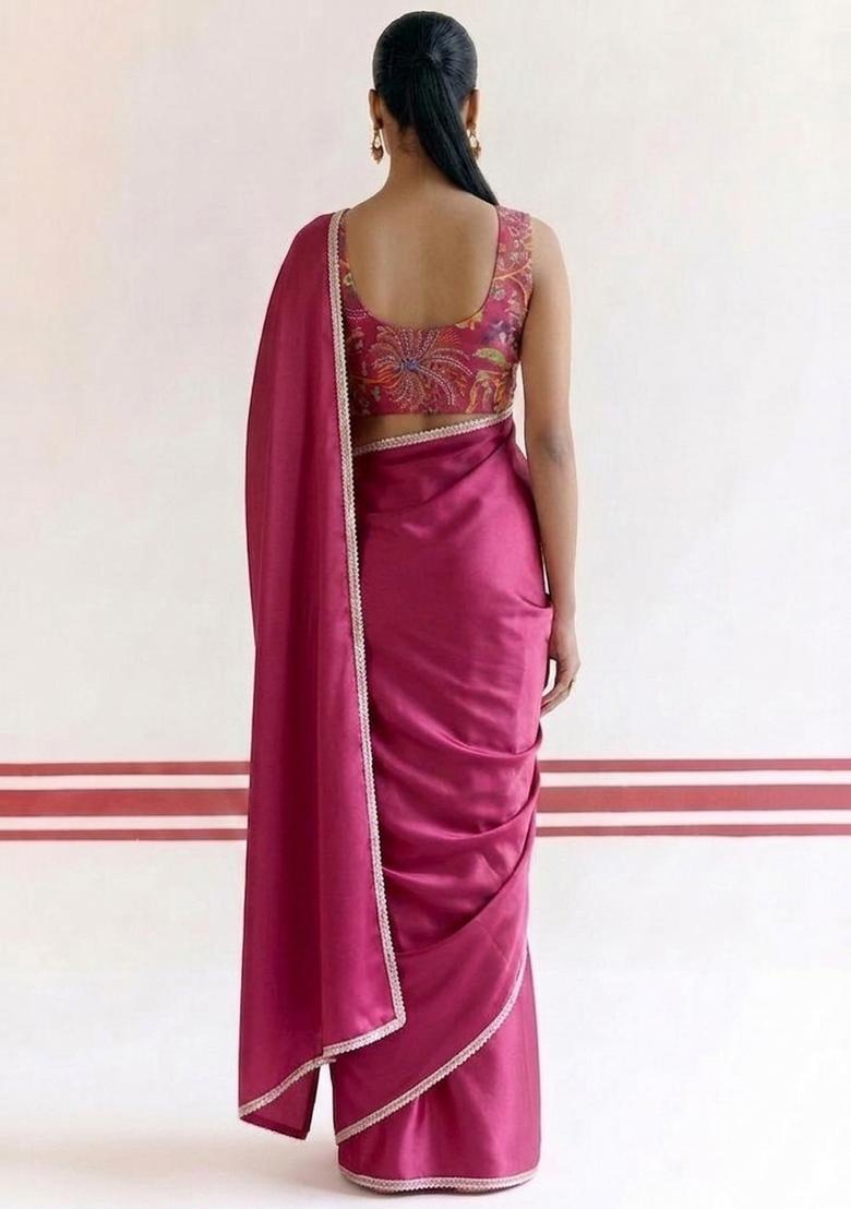 Pink Embroidered Handwork Pre Draped Saree Set - Indya