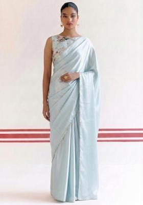 Baby Blue Floral Print Georgette Pre Draped Saree Set