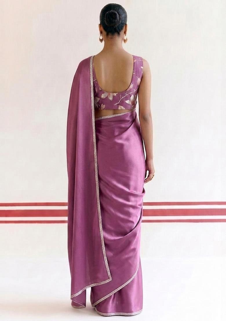 Dusty Purple Embroidered Handwork Pre Draped Saree Set - Indya