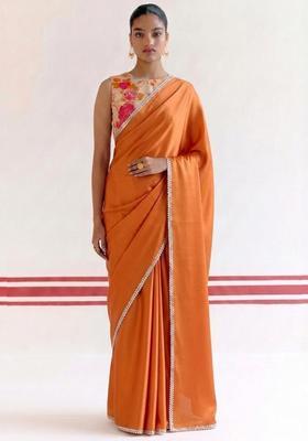Orange Floral Print Georgette Pre Draped Saree Set