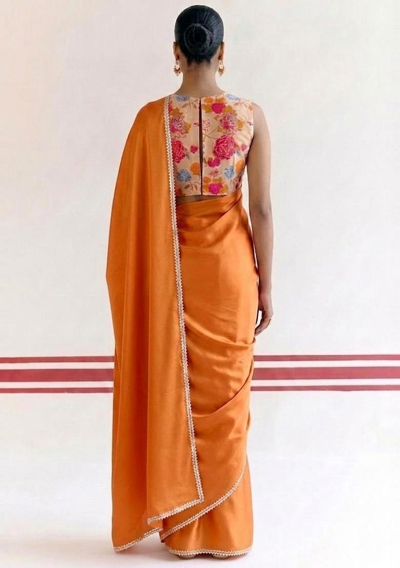 Orange Floral Print Georgette Pre Draped Saree Set - Indya