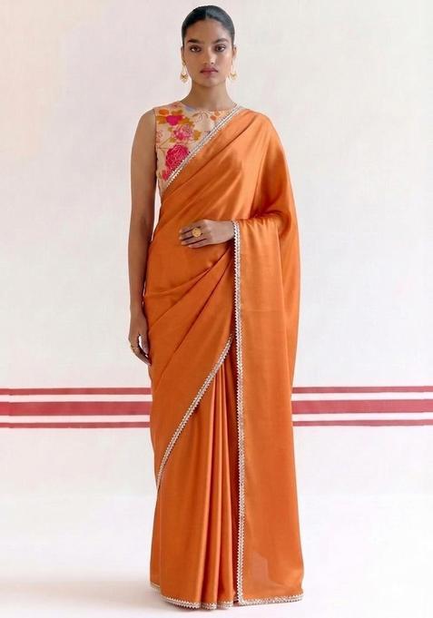 Beige Floral Print Handwork Pre Draped Saree Set
