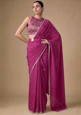 Magenta Pink Embroidered Handwork Pre Draped Saree Set