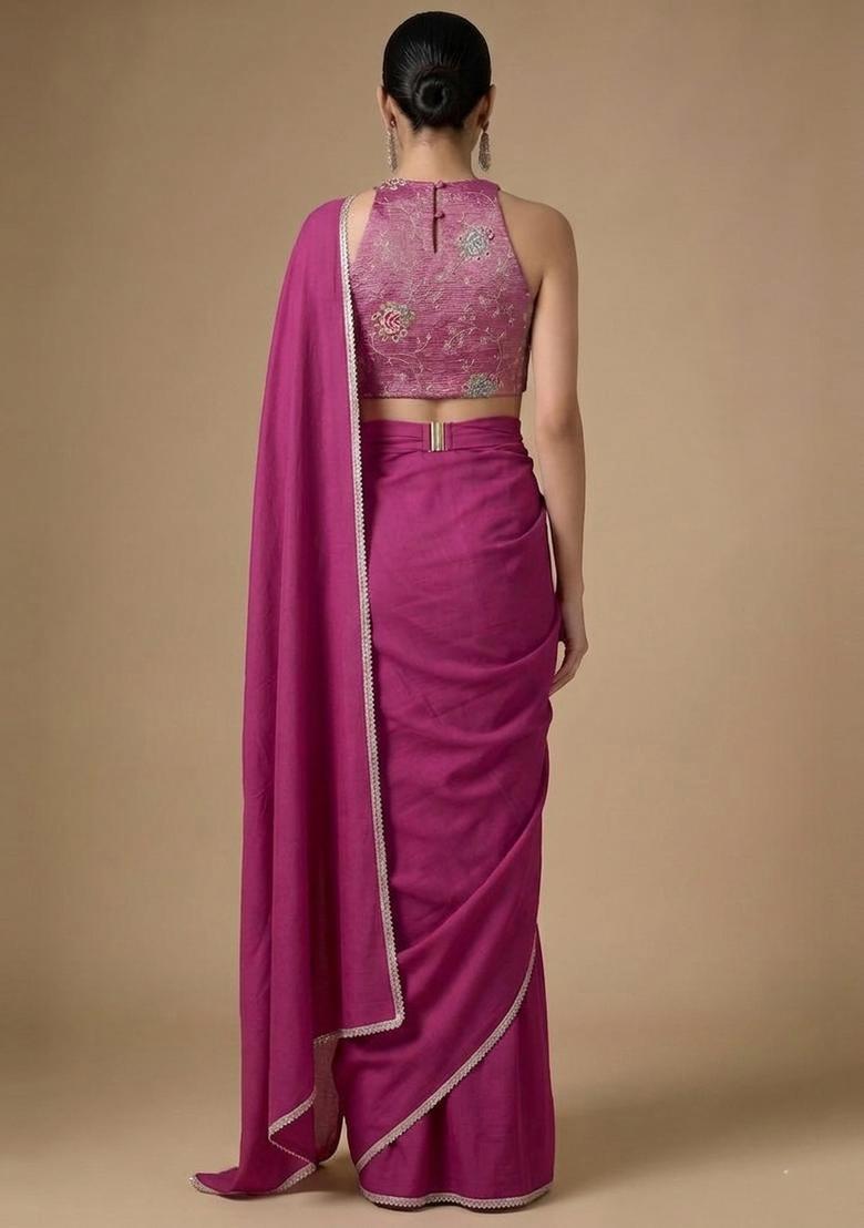 Magenta Pink Embroidered Handwork Pre Draped Saree Set - Indya