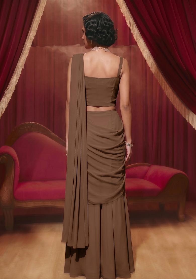 Brown Embroidered Handwork Pre Draped Saree Set - Indya
