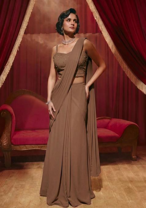 Brown Hand Work Pre Draped Saree Set