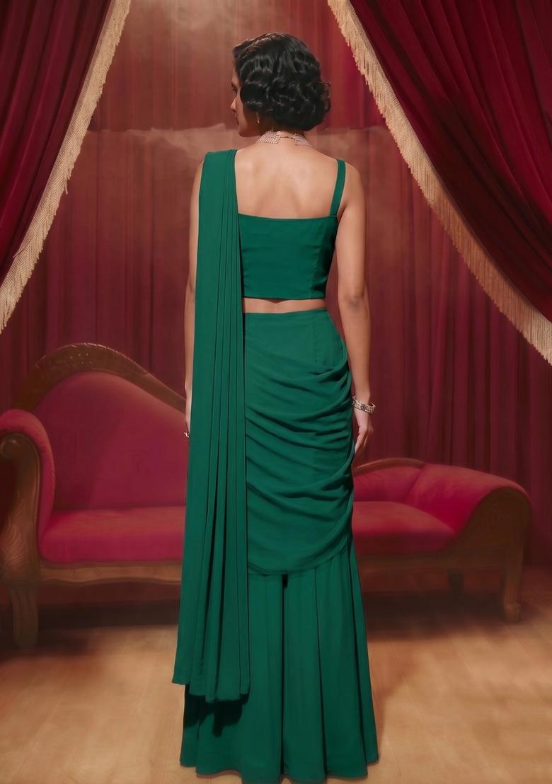 Dark Green Embroidered Handwork Pre Draped Saree Set - Indya