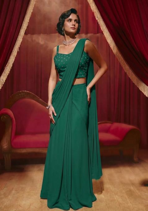 Dark Green Hand Work Pre Draped Saree Set