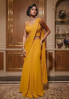 Yellow Embroidered Handwork Pre Draped Saree Set