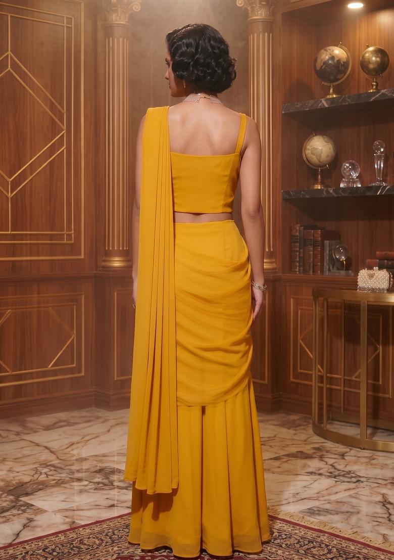 Yellow Embroidered Handwork Pre Draped Saree Set - Indya