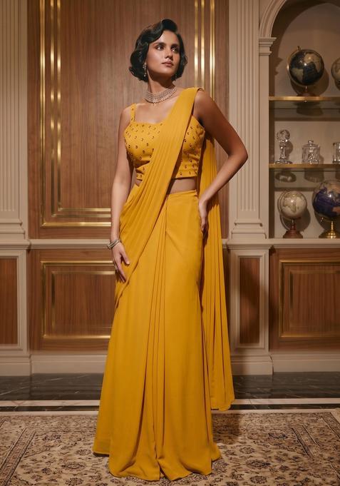 Yellow Hand Work Pre Draped Saree Set