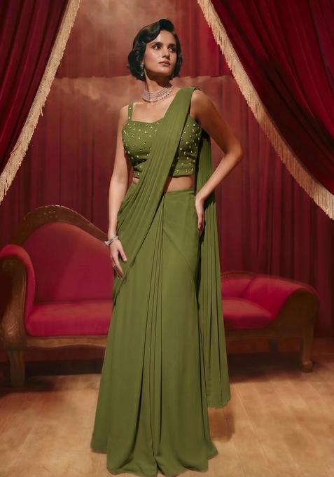 Olive Green Hand Work Pre Draped Saree Set