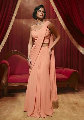 Peach Embroidered Handwork Pre Draped Saree Set