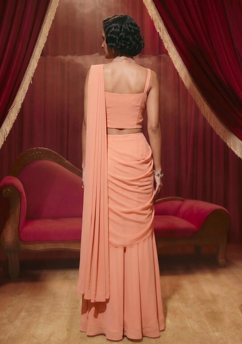 Peach Embroidered Handwork Pre Draped Saree Set - Indya