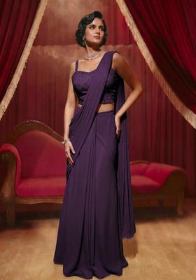 Purple Embroidered Handwork Pre Draped Saree Set