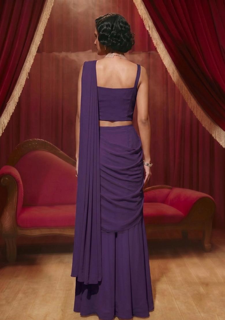 Purple Embroidered Handwork Pre Draped Saree Set - Indya