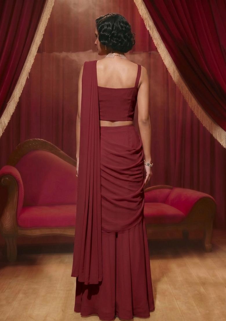 Red Embroidered Handwork Pre Draped Saree Set - Indya