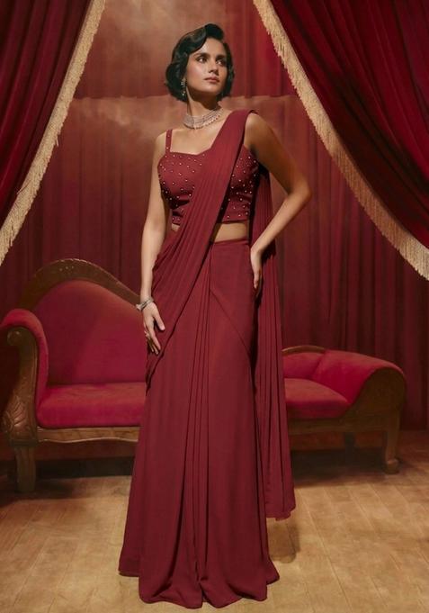Red Hand Work Pre Draped Saree Set