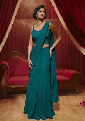 Teal Blue Hand Work Pre Draped Saree Set