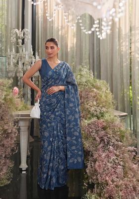 Deep Sea Blue Floral Print Silk Blend Pre Draped Saree Set