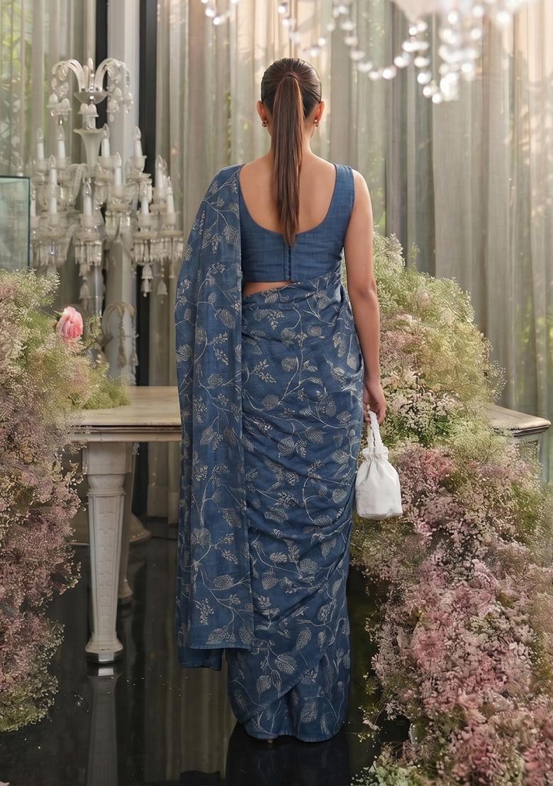 Deep Sea Blue Floral Print Silk Blend Pre Draped Saree Set - Indya