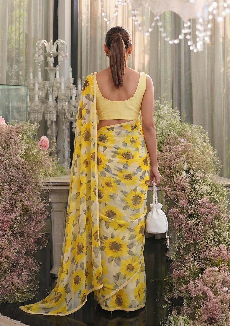 Sunshine Yellow Printed Chiffon Pre Draped Saree Set - Indya