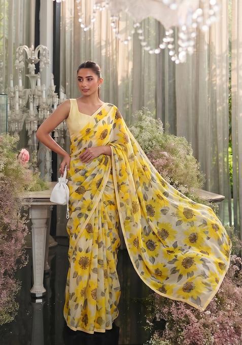 Sunshine Yellow Floral Print Silk Blend Pre Draped Saree Set