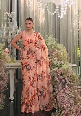 Soft Peach Printed Chiffon Pre Draped Saree Set