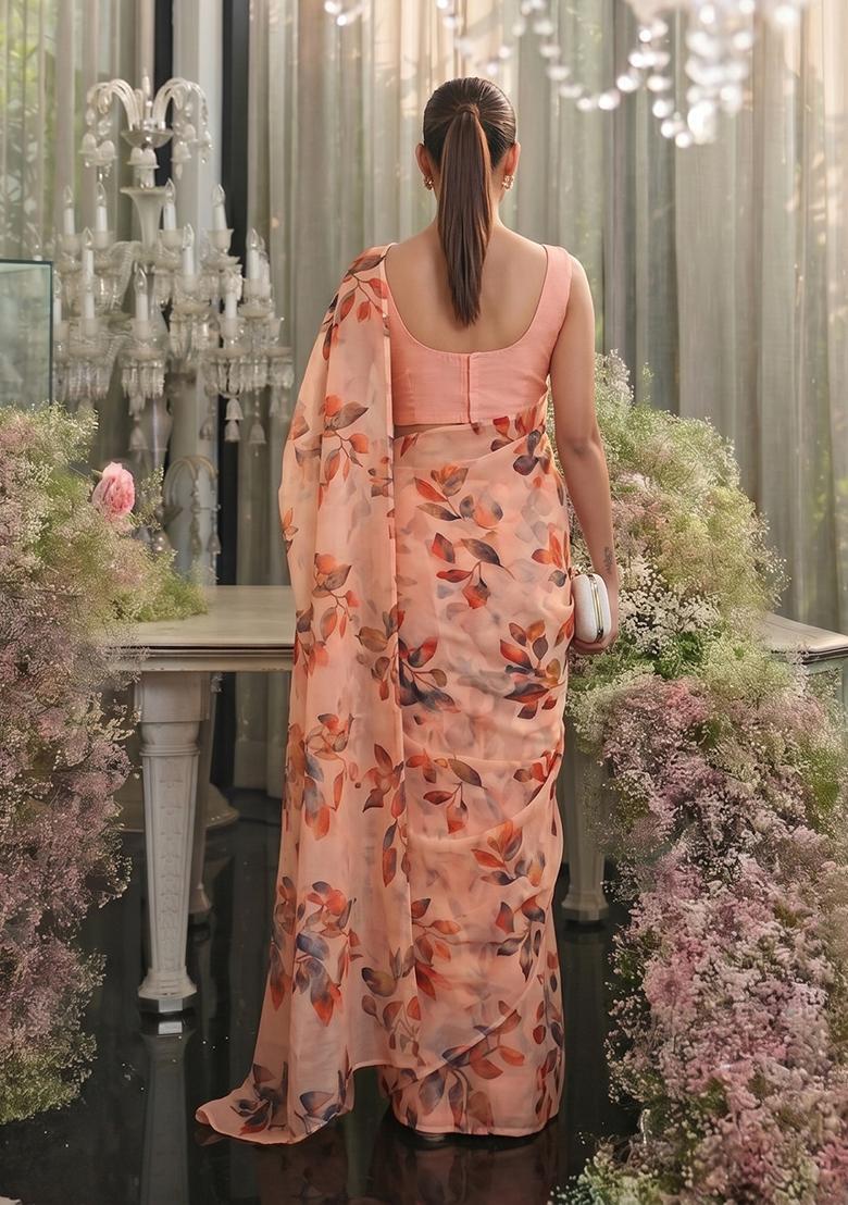 Soft Peach Printed Chiffon Pre Draped Saree Set - Indya