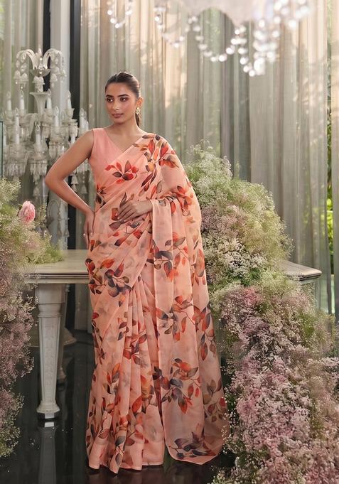 Soft Peach Floral Print Silk Blend Pre Draped Saree Set
