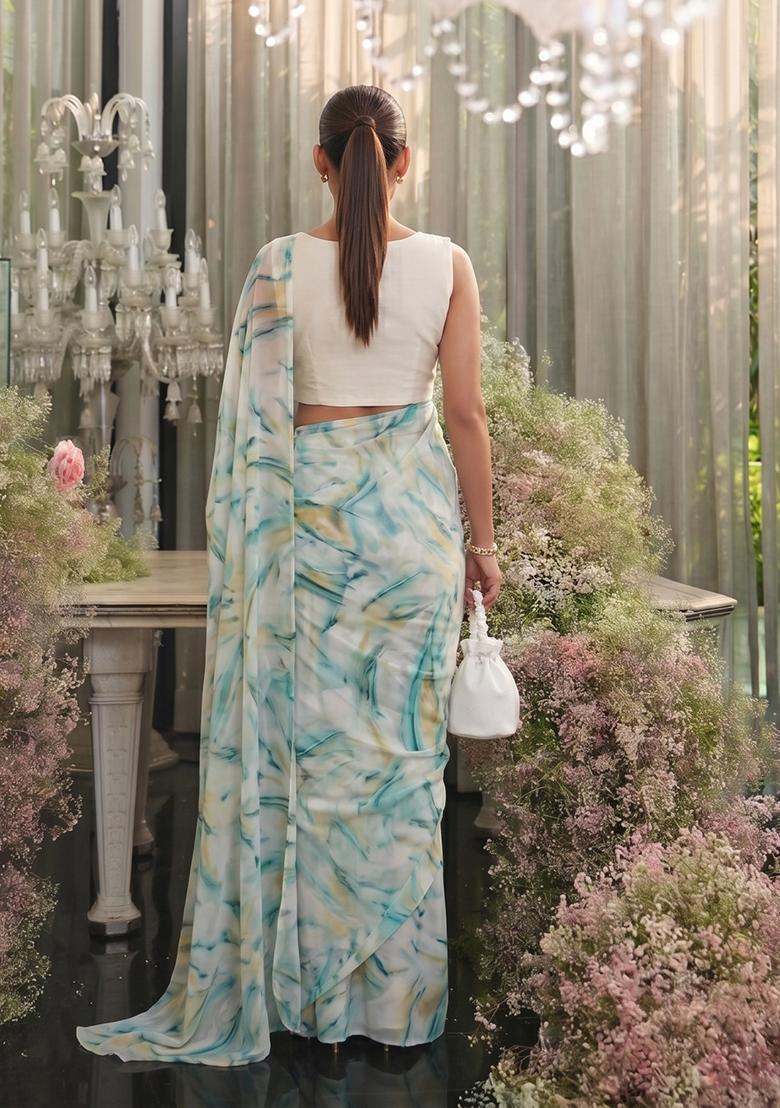 Multi Color Printed Chiffon Pre Draped Saree Set - Indya