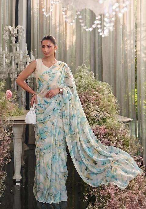 Multi Color Abstract Print Silk Pre Draped Saree Set
