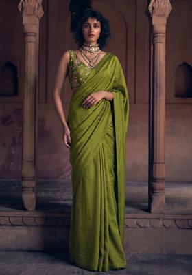 Olive Green Embroidered Crepe Pre Draped Saree Set