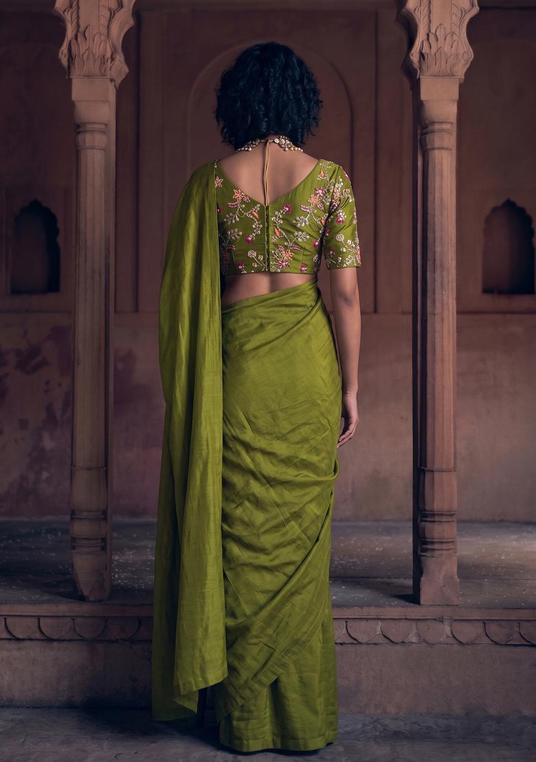 Olive Green Embroidered Crepe Pre Draped Saree Set - Indya