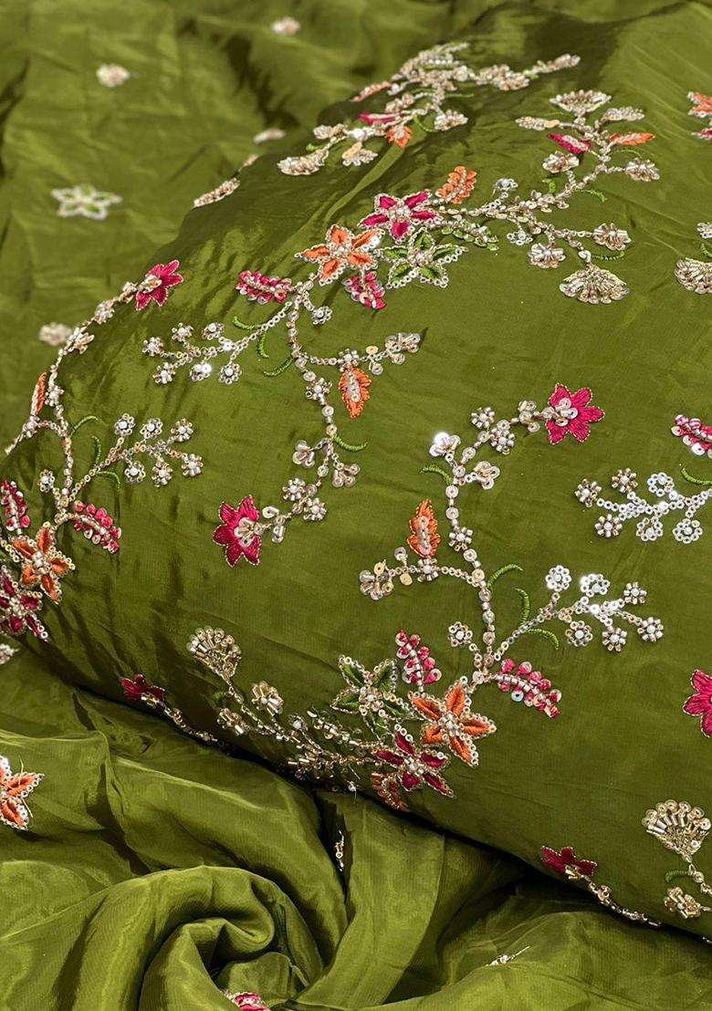 Olive Green Embroidered Crepe Pre Draped Saree Set - Indya